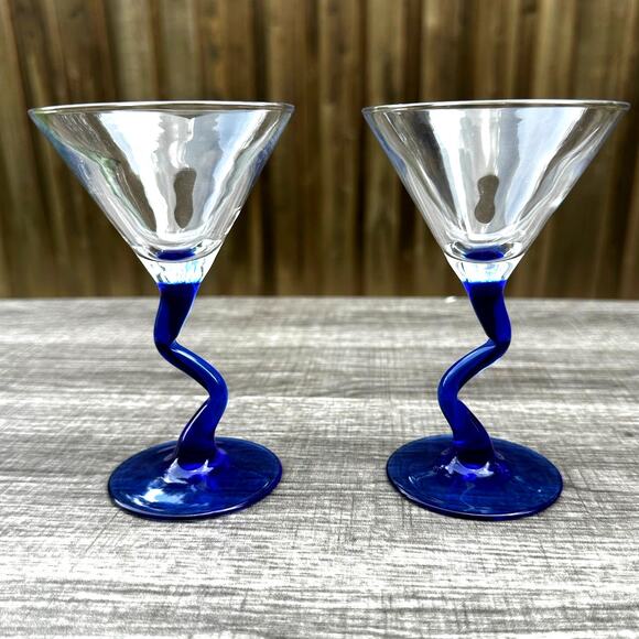 Libbey Courbe Mini Cocktail Zig Zag Stem 5" Martini Glasses Clear Cobalt Blue-2 - Picture 3 of 3